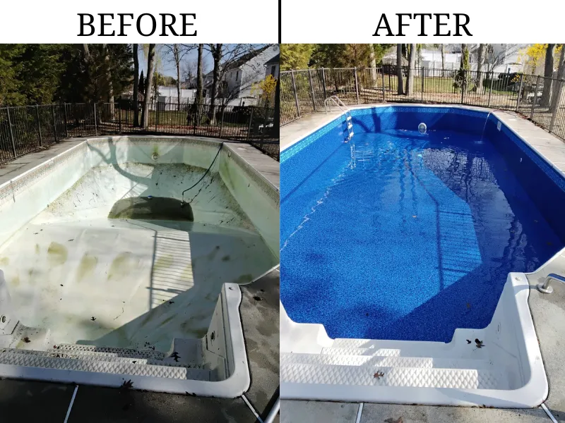 Side-by-side comparison of a swimming pool before and after renovation; the left shows an empty, dirty pool, and the right shows a clean, filled, blue-lined pool.