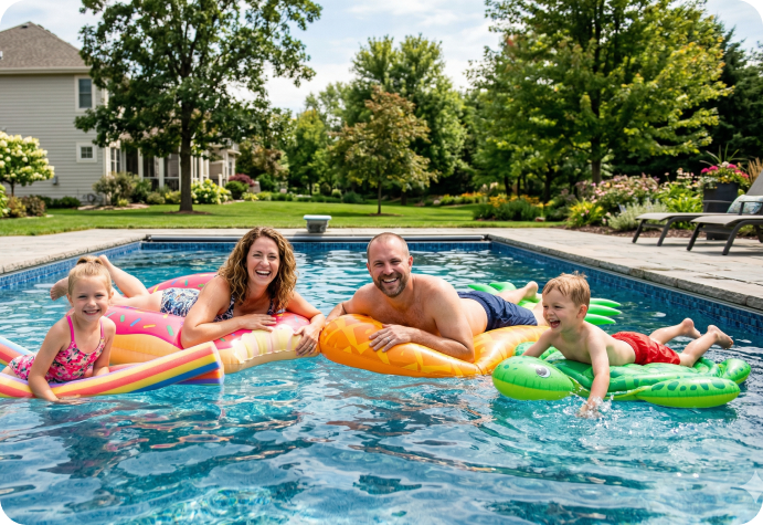 Two adults and two children are smiling and lying on pool floats in a backyard swimming pool, surrounded by trees and a house in the background.