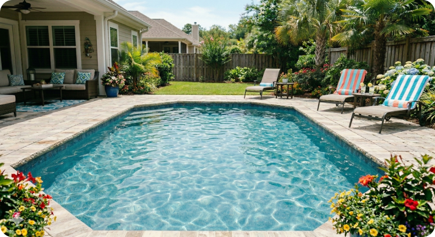 Rectangular backyard pool with clear water, surrounded by a stone patio, lounge chairs with striped towels, and tropical plants.